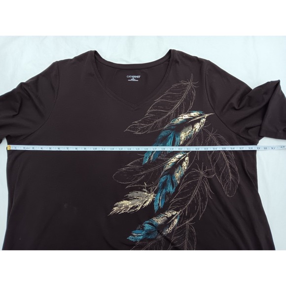 Catherines Womens Brown 3X 26 28W V Neck 3/4 Sleeve Feather Print Top - Picture 6 of 12